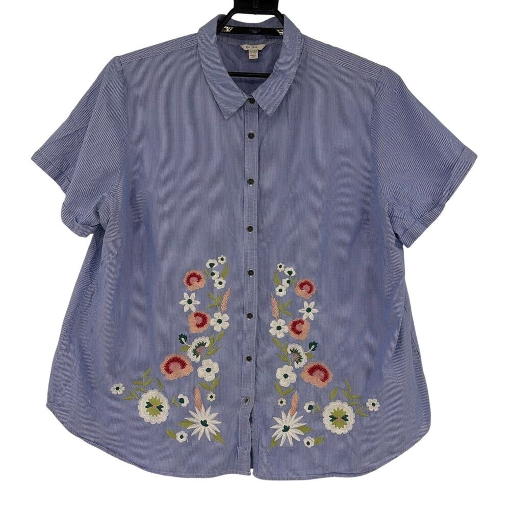 Est 1946 Striped Embroidered Button Up Womens Top 22/24W Cottagecore Shirt Boho